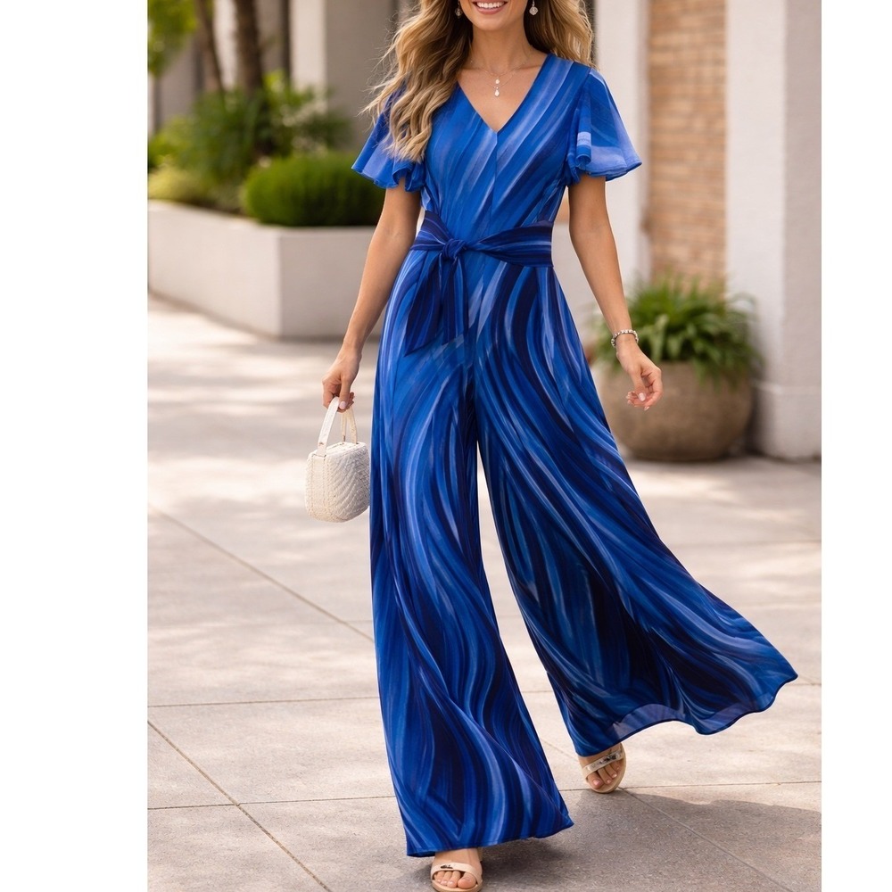 Signature by Robbie Bee Jumpsuit Women 12 Blue Good Abstract Flutter Sleeve